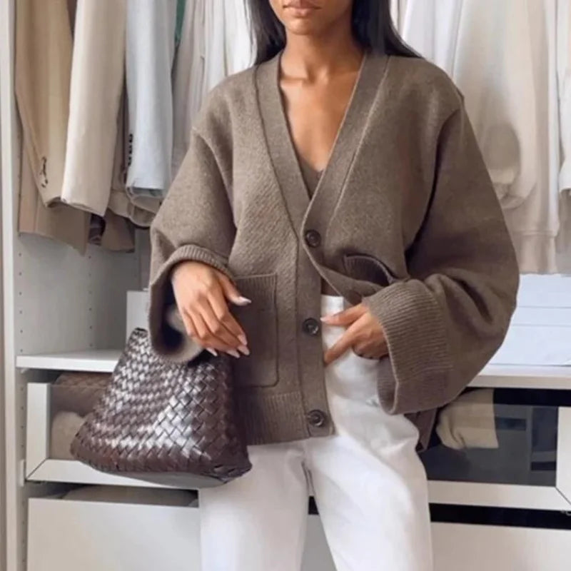 Cardigan en tricot pour femme – couleur unie, manches longues, col V, style coréen décontracté