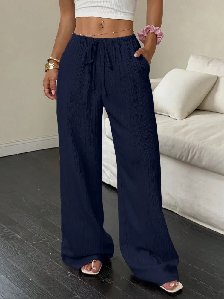 Pantalon Large Femme – Tissu Uni, Poches Latérales, Taille à Ceinture, Nouveau Style Été 2026