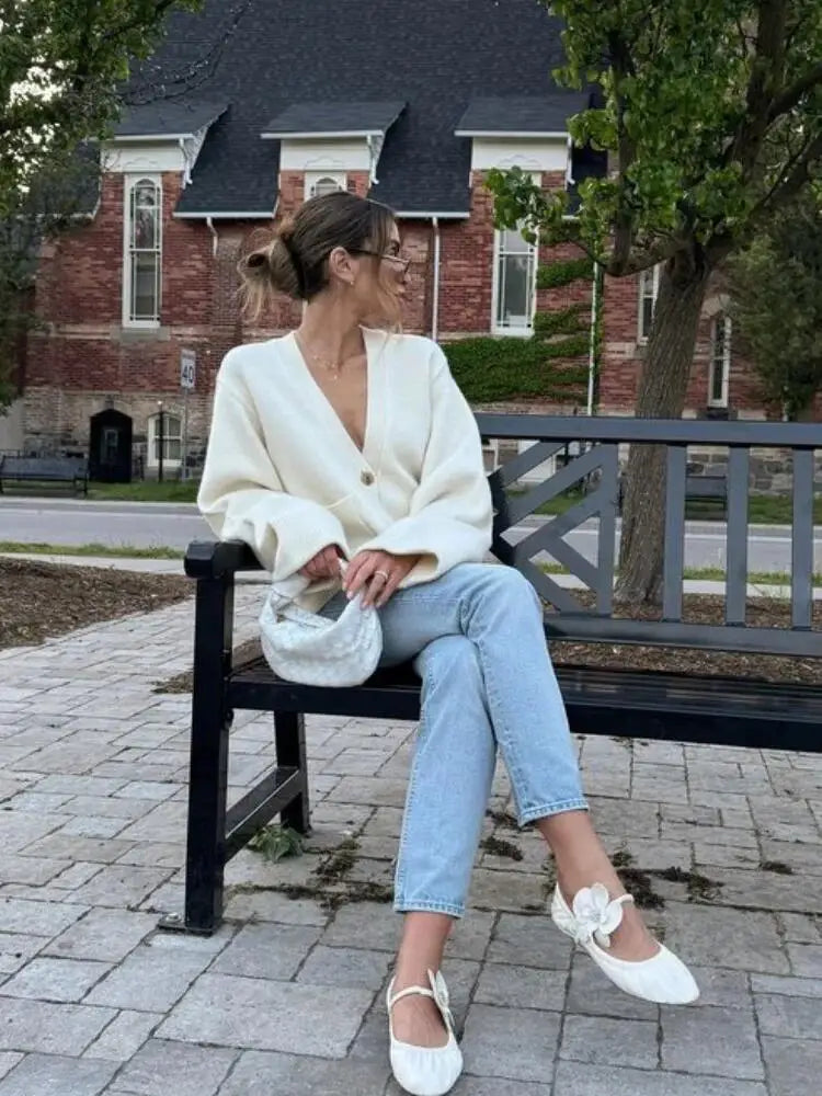 Cardigan en tricot pour femme – couleur unie, manches longues, col V, style coréen décontracté