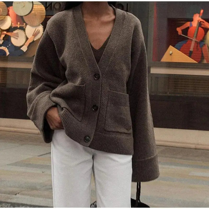Cardigan en tricot pour femme – couleur unie, manches longues, col V, style coréen décontracté
