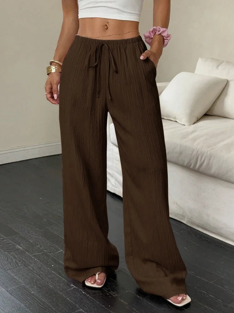 Pantalon Large Femme – Tissu Uni, Poches Latérales, Taille à Ceinture, Nouveau Style Été 2026