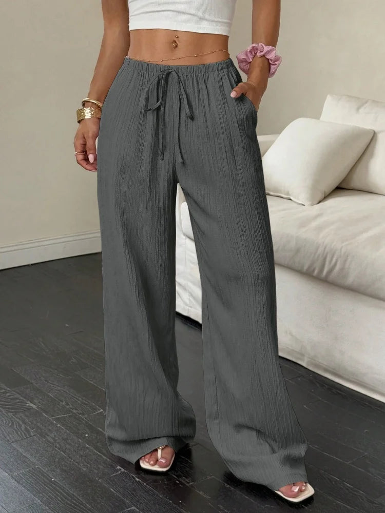Pantalon Large Femme – Tissu Uni, Poches Latérales, Taille à Ceinture, Nouveau Style Été 2026