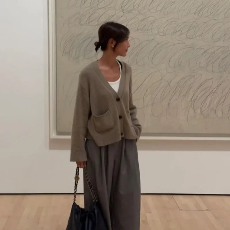 Cardigan en tricot pour femme – couleur unie, manches longues, col V, style coréen décontracté