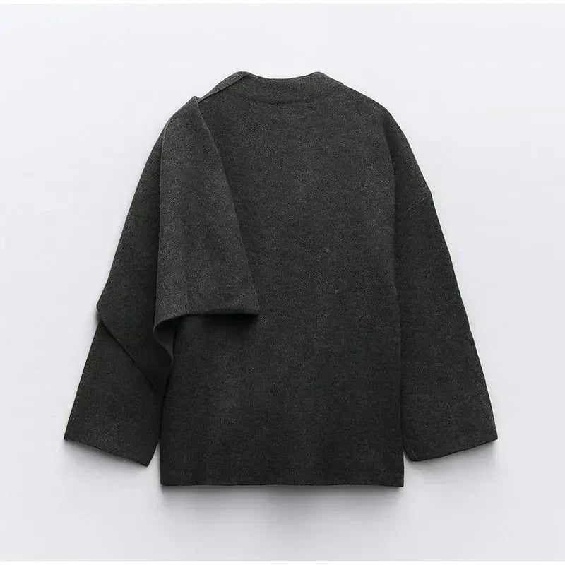 Cardigan court gris pour femme avec écharpe assortie – Élégance et confort pour la saison automne-hiver