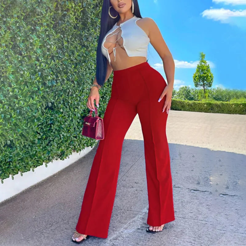 Pantalon long évasé pour femme – Couleur unie, coupe slim, bas cloche, style élégant