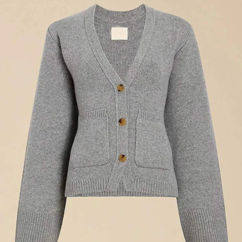 Cardigan en tricot pour femme – couleur unie, manches longues, col V, style coréen décontracté