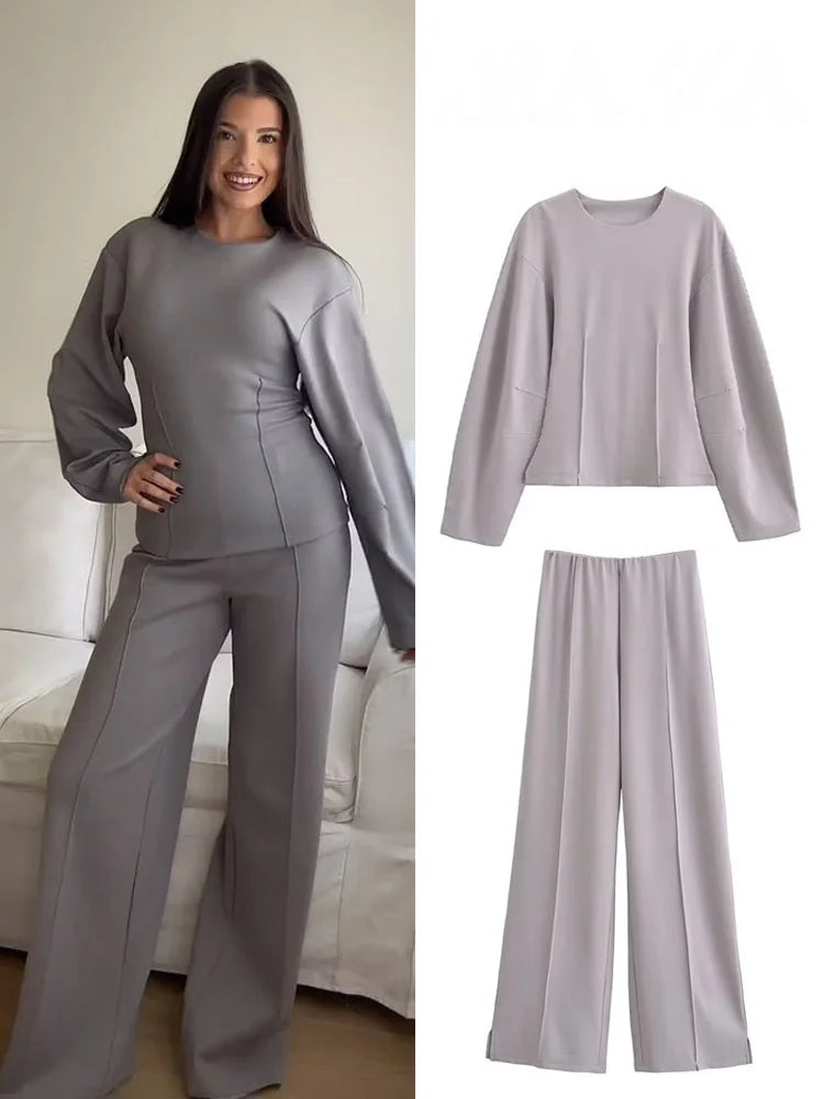 Ensemble 2 pièces femme hiver – Haut à manches longues et pantalon extensible chic en tissu double face