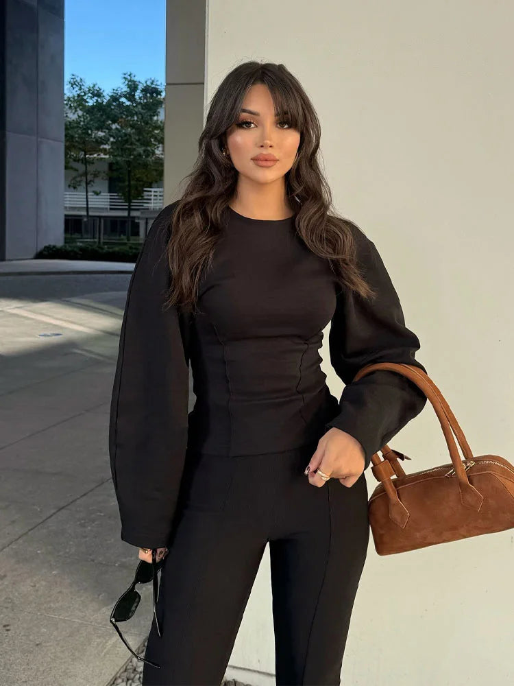 Ensemble 2 pièces femme hiver – Haut à manches longues et pantalon extensible chic en tissu double face