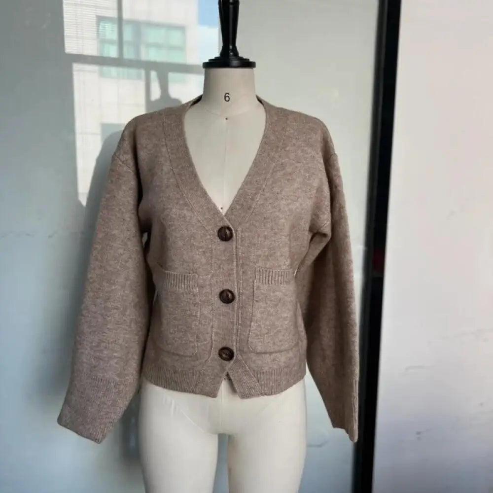 Cardigan en tricot pour femme – couleur unie, manches longues, col V, style coréen décontracté
