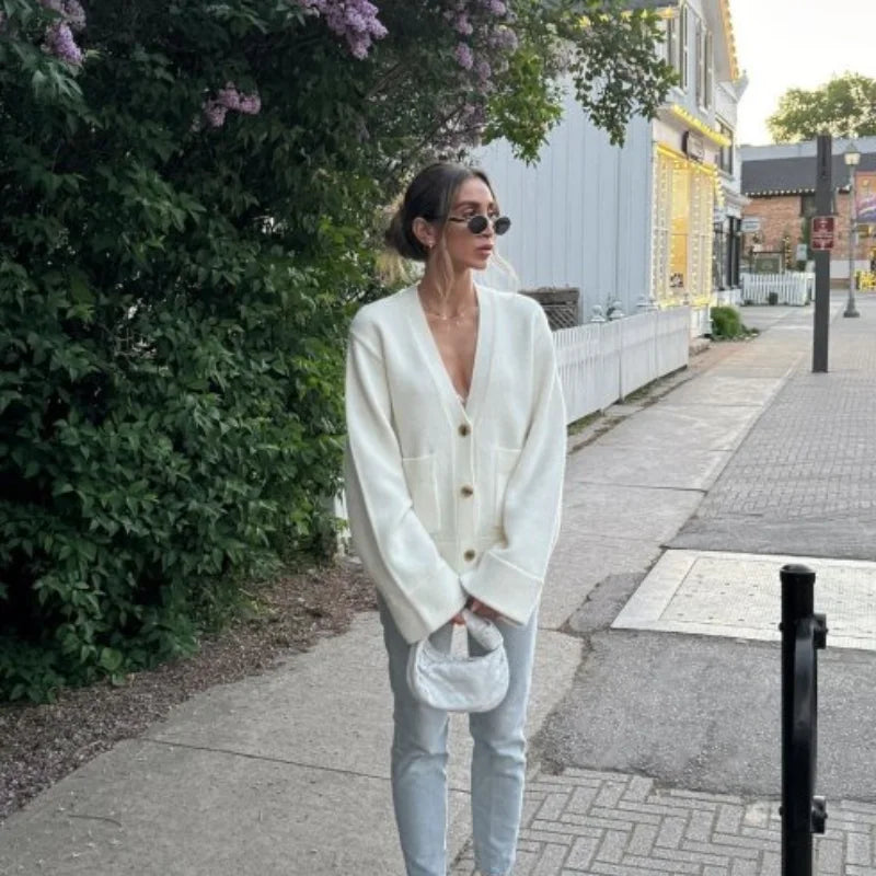 Cardigan en tricot pour femme – couleur unie, manches longues, col V, style coréen décontracté