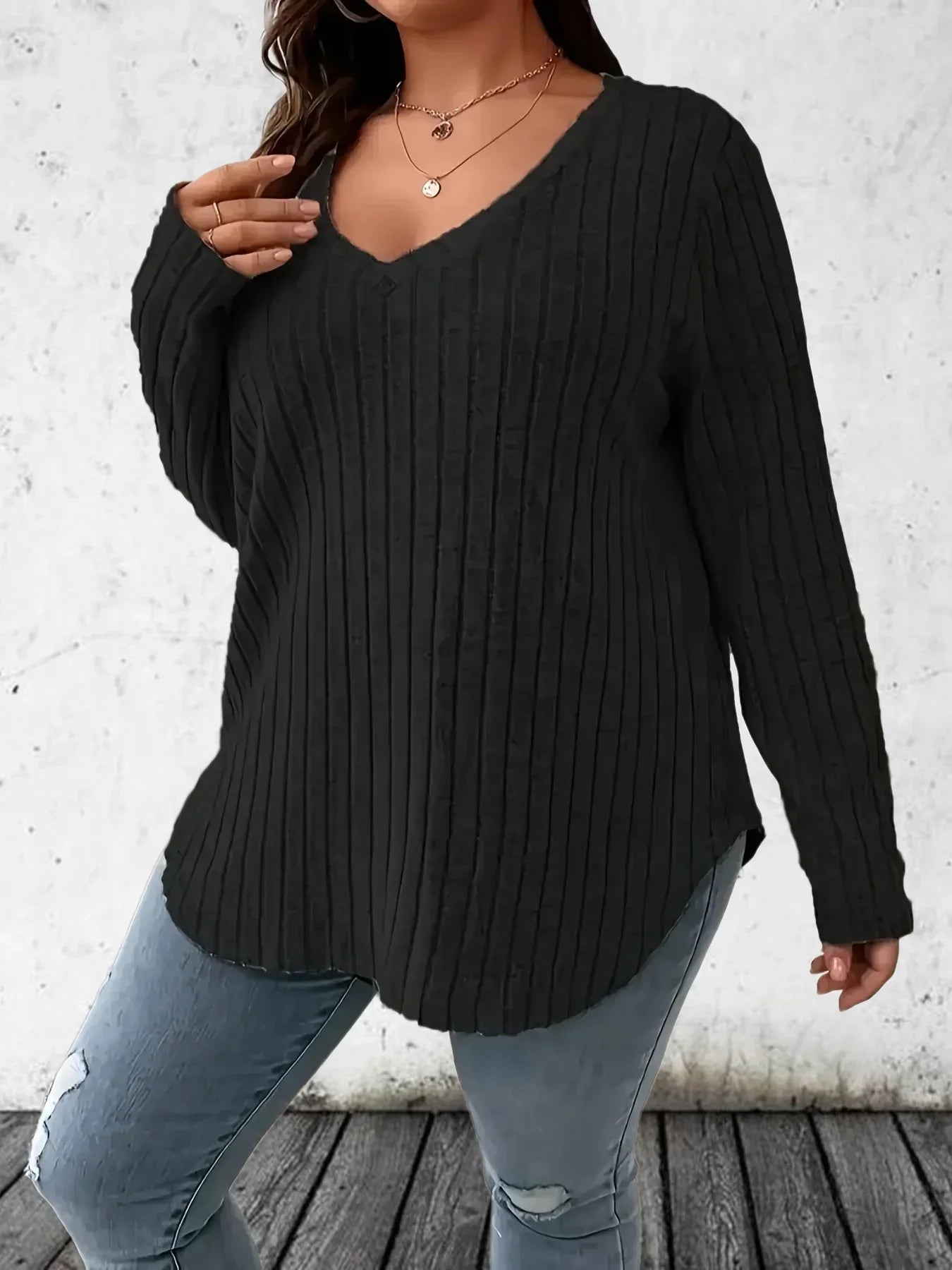 Haut Femme Oversize – Col V, Manches Longues, Grande Taille 1XL-5XL, Décontracté 2026