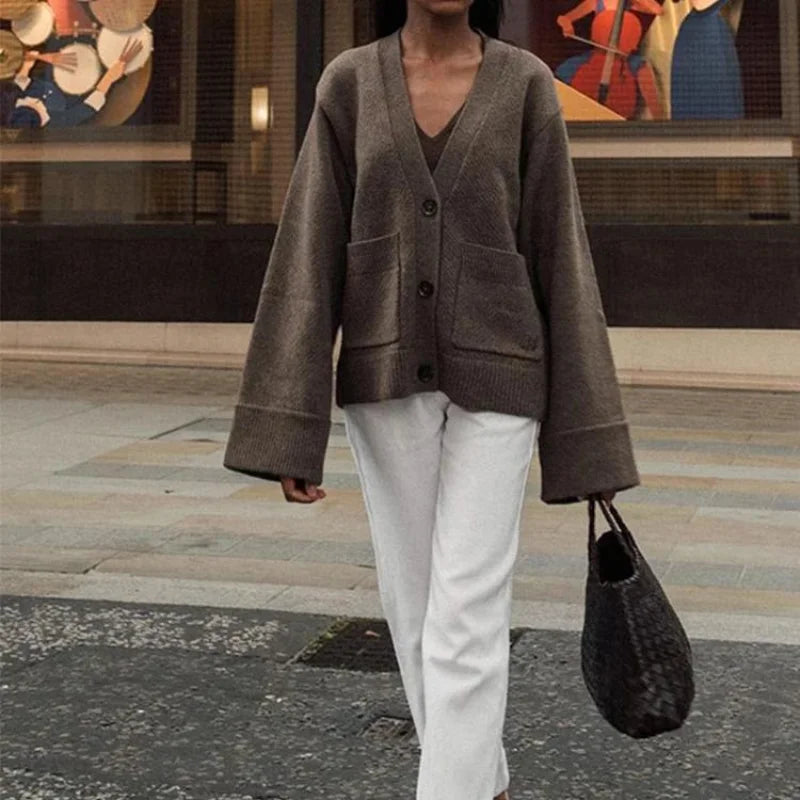 Cardigan en tricot pour femme – couleur unie, manches longues, col V, style coréen décontracté
