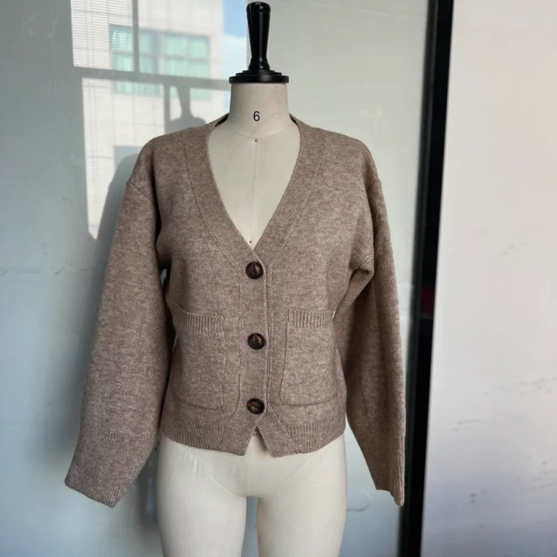 Cardigan en tricot pour femme – couleur unie, manches longues, col V, style coréen décontracté