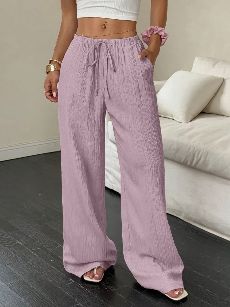 Pantalon Large Femme – Tissu Uni, Poches Latérales, Taille à Ceinture, Nouveau Style Été 2026