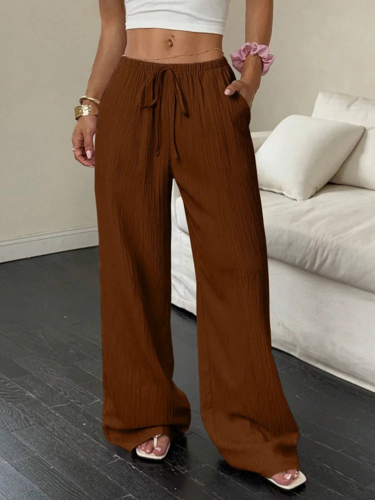 Pantalon Large Femme – Tissu Uni, Poches Latérales, Taille à Ceinture, Nouveau Style Été 2026