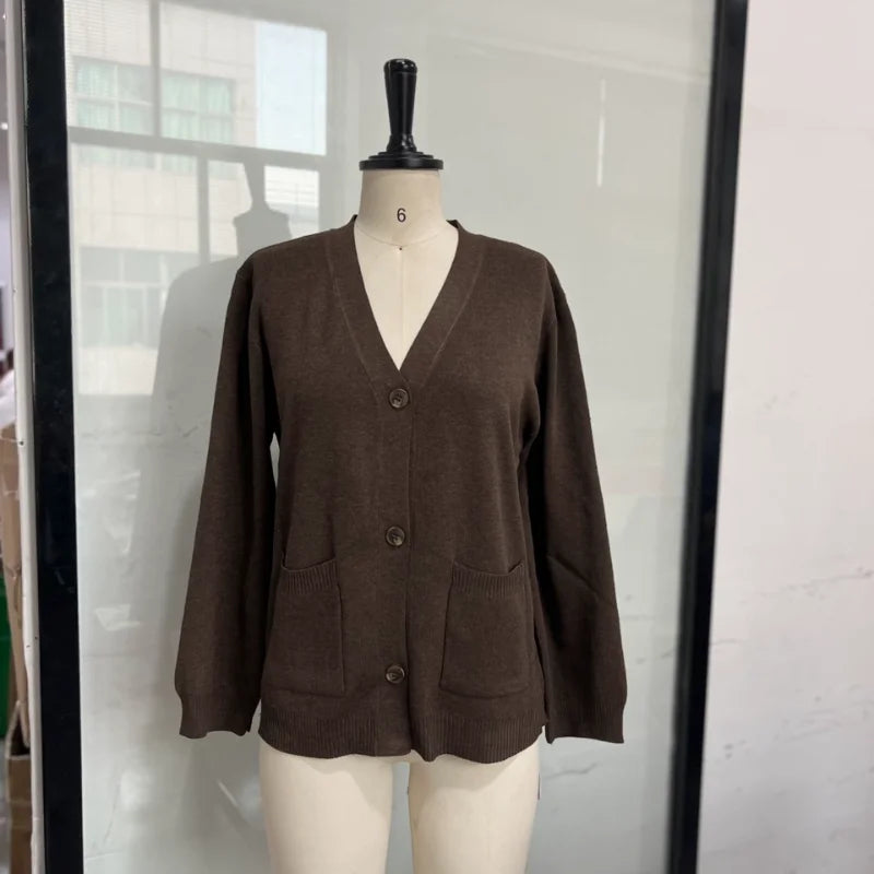 Cardigan en tricot pour femme – couleur unie, manches longues, col V, style coréen décontracté
