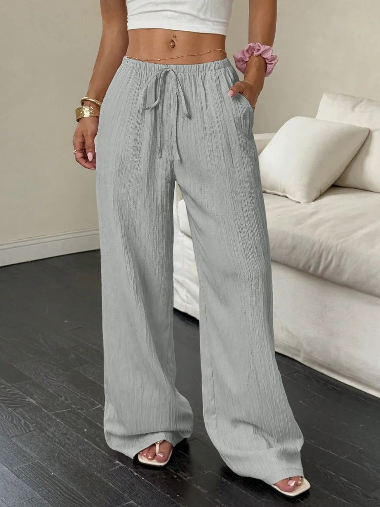 Pantalon Large Femme – Tissu Uni, Poches Latérales, Taille à Ceinture, Nouveau Style Été 2026