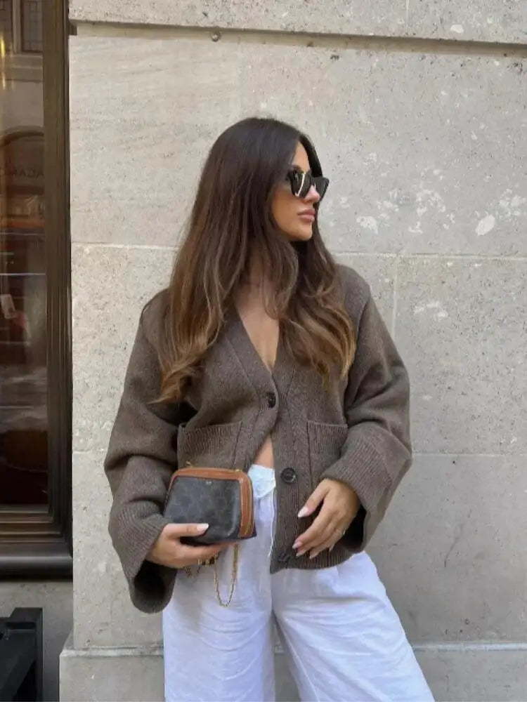 Cardigan en tricot pour femme – couleur unie, manches longues, col V, style coréen décontracté