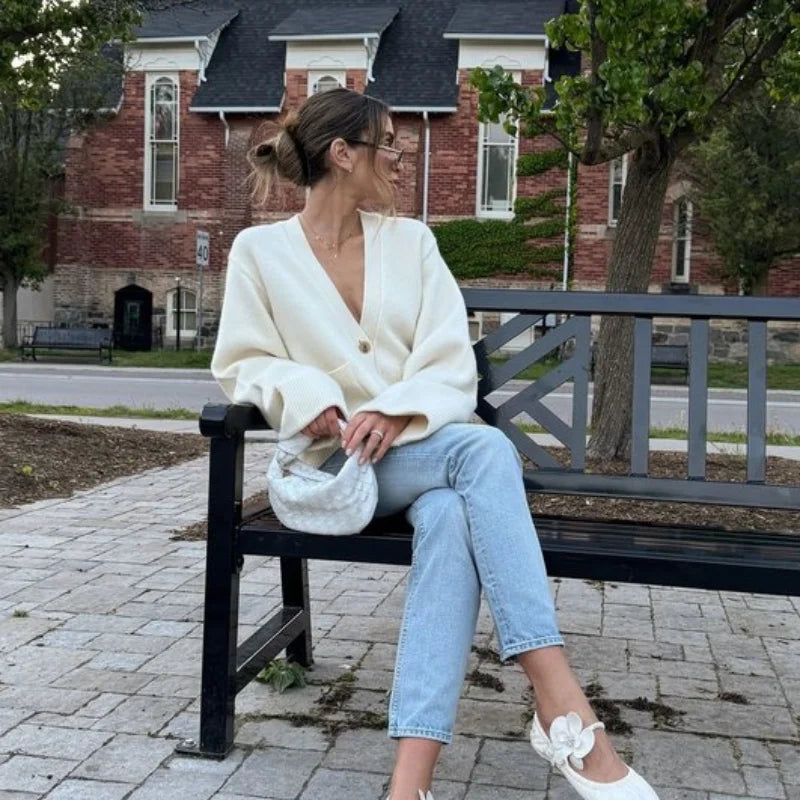 Cardigan en tricot pour femme – couleur unie, manches longues, col V, style coréen décontracté