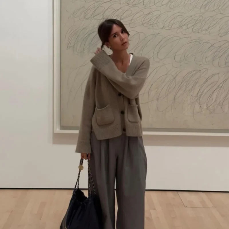 Cardigan en tricot pour femme – couleur unie, manches longues, col V, style coréen décontracté