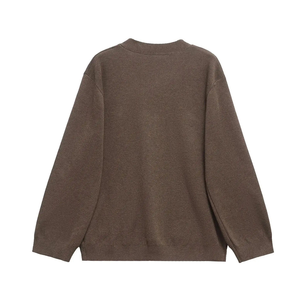 Cardigan en tricot pour femme – couleur unie, manches longues, col V, style coréen décontracté