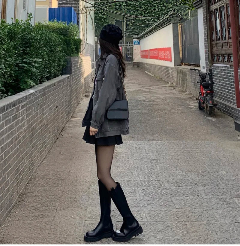 Bottes genou femme – plateforme, talons carrés, fourrure chaude, look mode automne/hiver