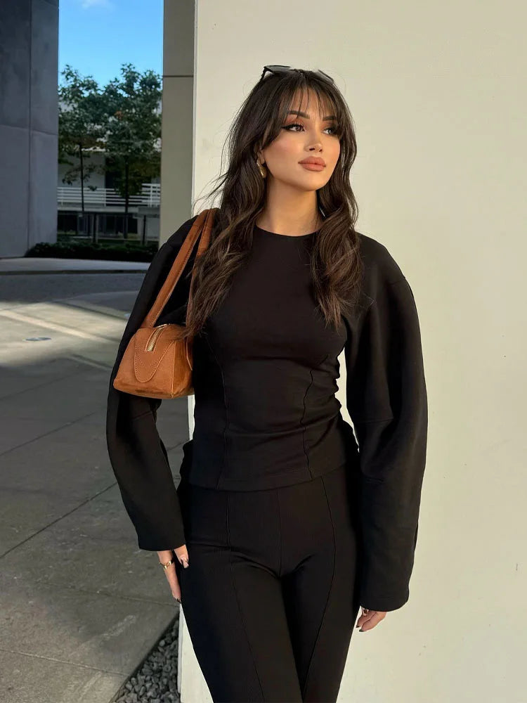 Ensemble 2 pièces femme hiver – Haut à manches longues et pantalon extensible chic en tissu double face