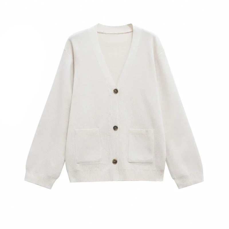 Cardigan en tricot pour femme – couleur unie, manches longues, col V, style coréen décontracté