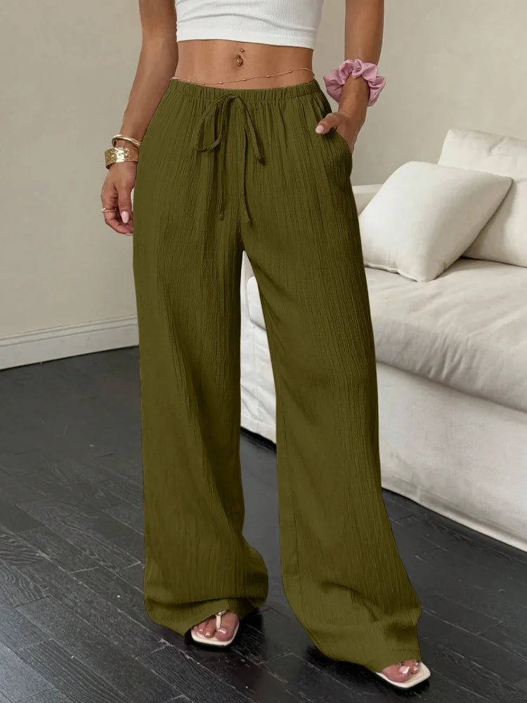Pantalon Large Femme – Tissu Uni, Poches Latérales, Taille à Ceinture, Nouveau Style Été 2026