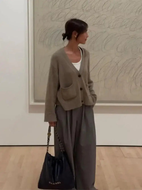 Cardigan en tricot pour femme – couleur unie, manches longues, col V, style coréen décontracté