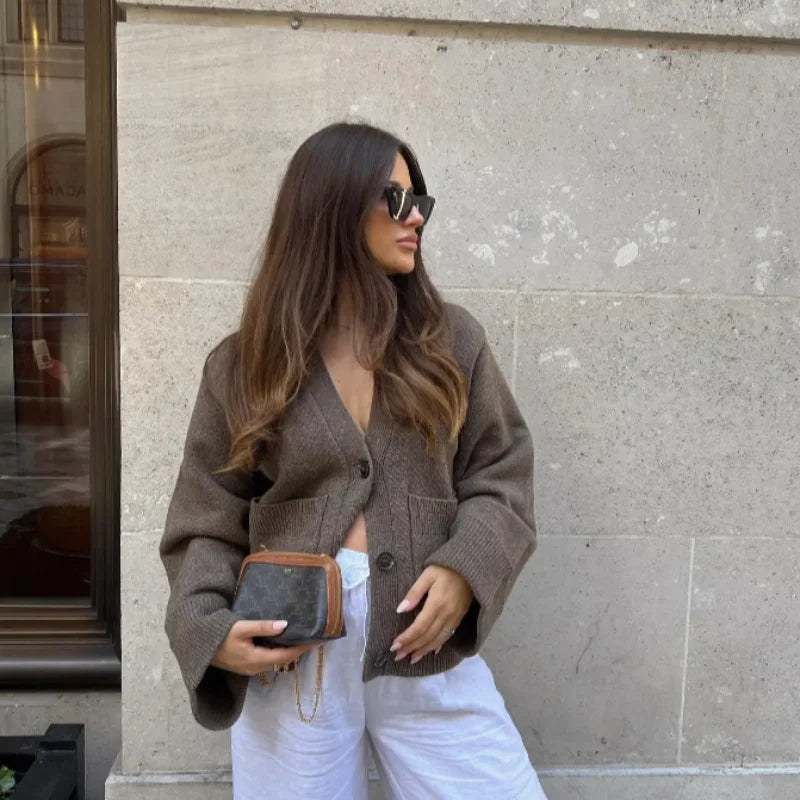 Cardigan en tricot pour femme – couleur unie, manches longues, col V, style coréen décontracté