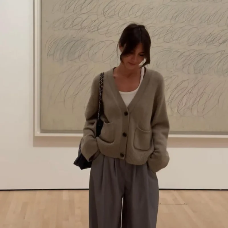 Cardigan en tricot pour femme – couleur unie, manches longues, col V, style coréen décontracté