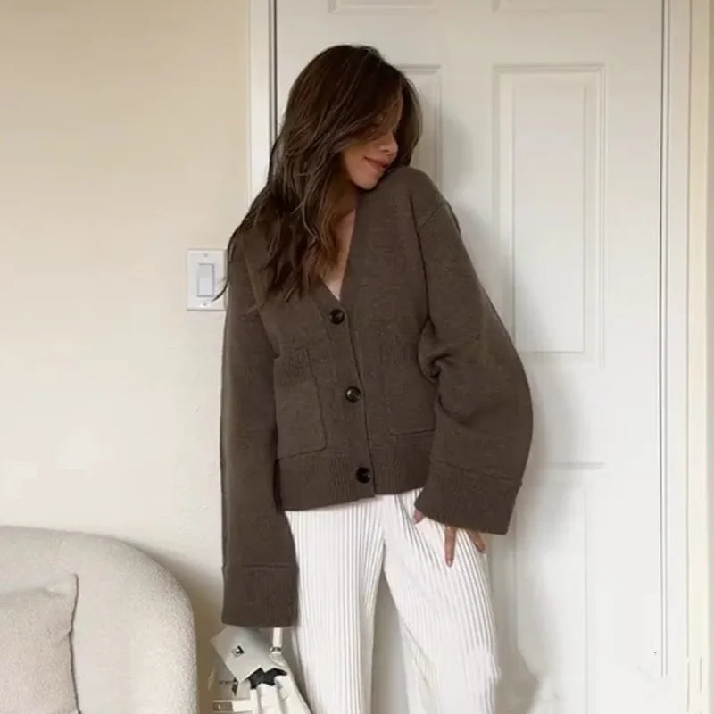 Cardigan en tricot pour femme – couleur unie, manches longues, col V, style coréen décontracté
