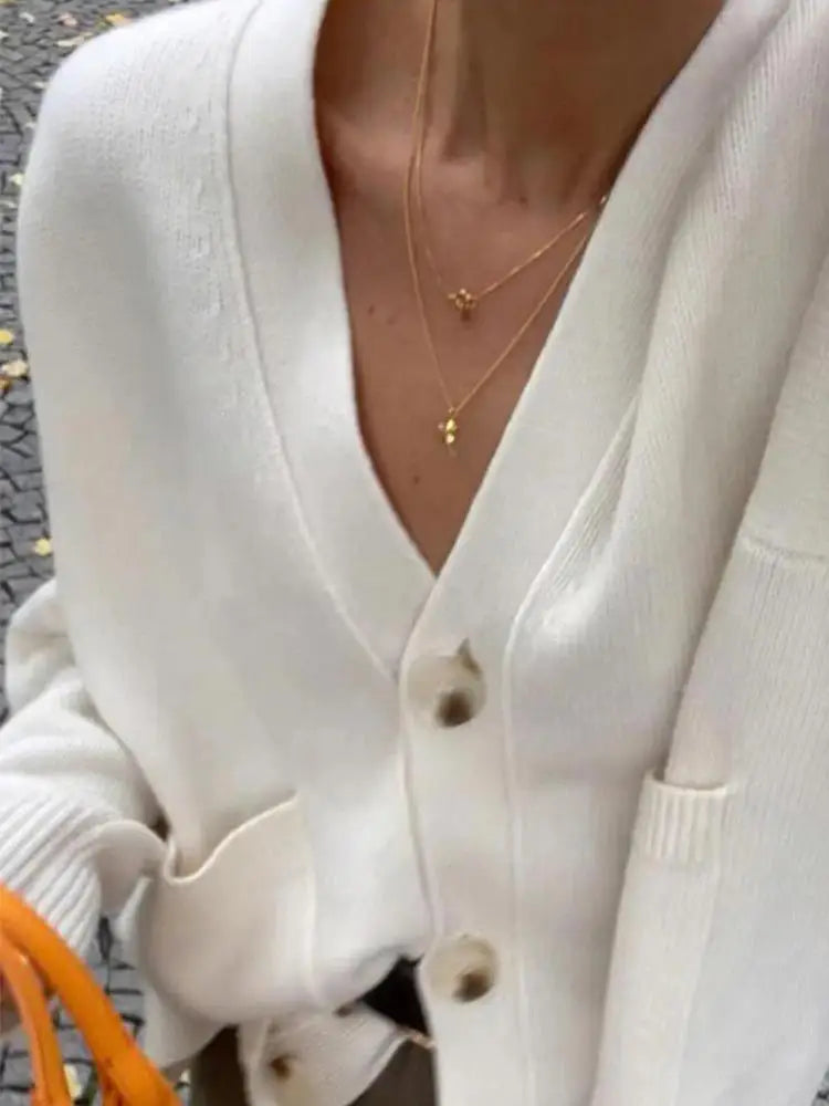 Cardigan en tricot pour femme – couleur unie, manches longues, col V, style coréen décontracté