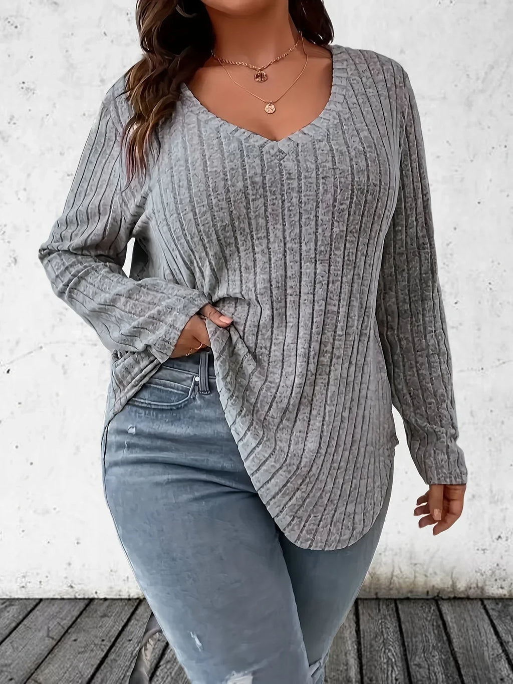 Haut Femme Oversize – Col V, Manches Longues, Grande Taille 1XL-5XL, Décontracté 2026