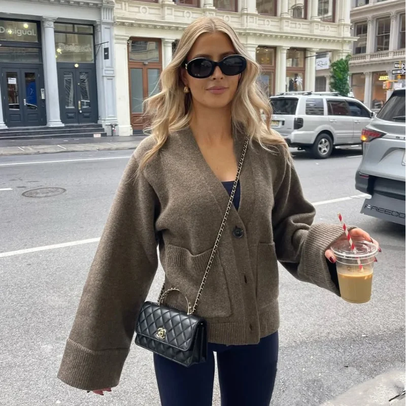 Cardigan en tricot pour femme – couleur unie, manches longues, col V, style coréen décontracté